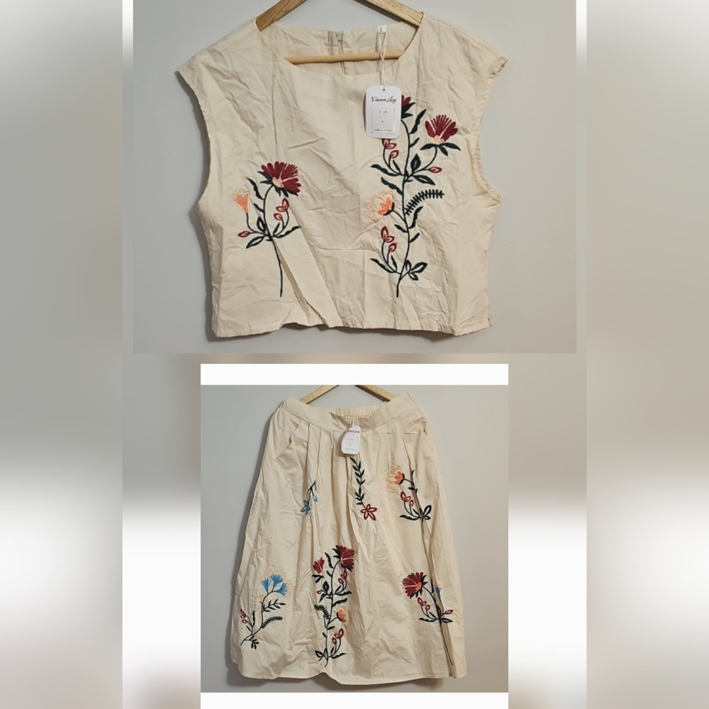 2 Piece Floral Embroidered Beige Set Sleeveless top and skirt Size Large